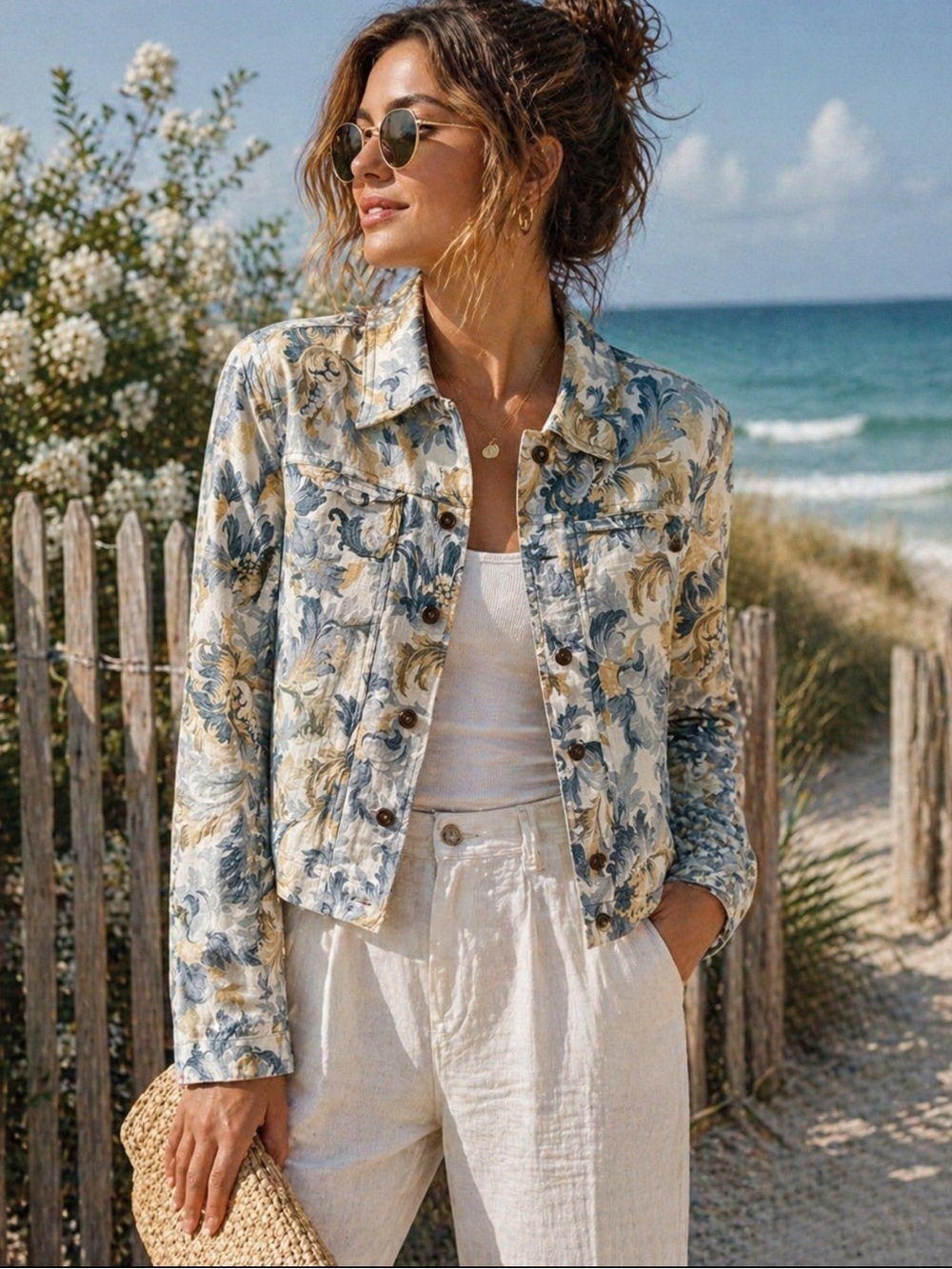 Saint Tropez West Linen Cropped Jacket Blue Tan Baroque Petite 2 Pocket